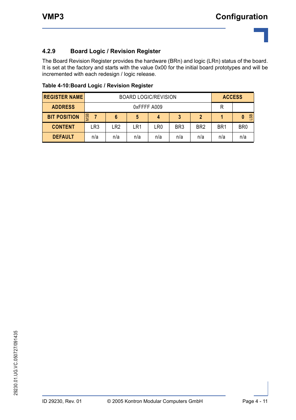 9 board logic / revision register, Board logic / revision register - 11, 10 board logic / revision register - 11 | Vmp3 configuration | Kontron VMP3 User Manual | Page 71 / 154