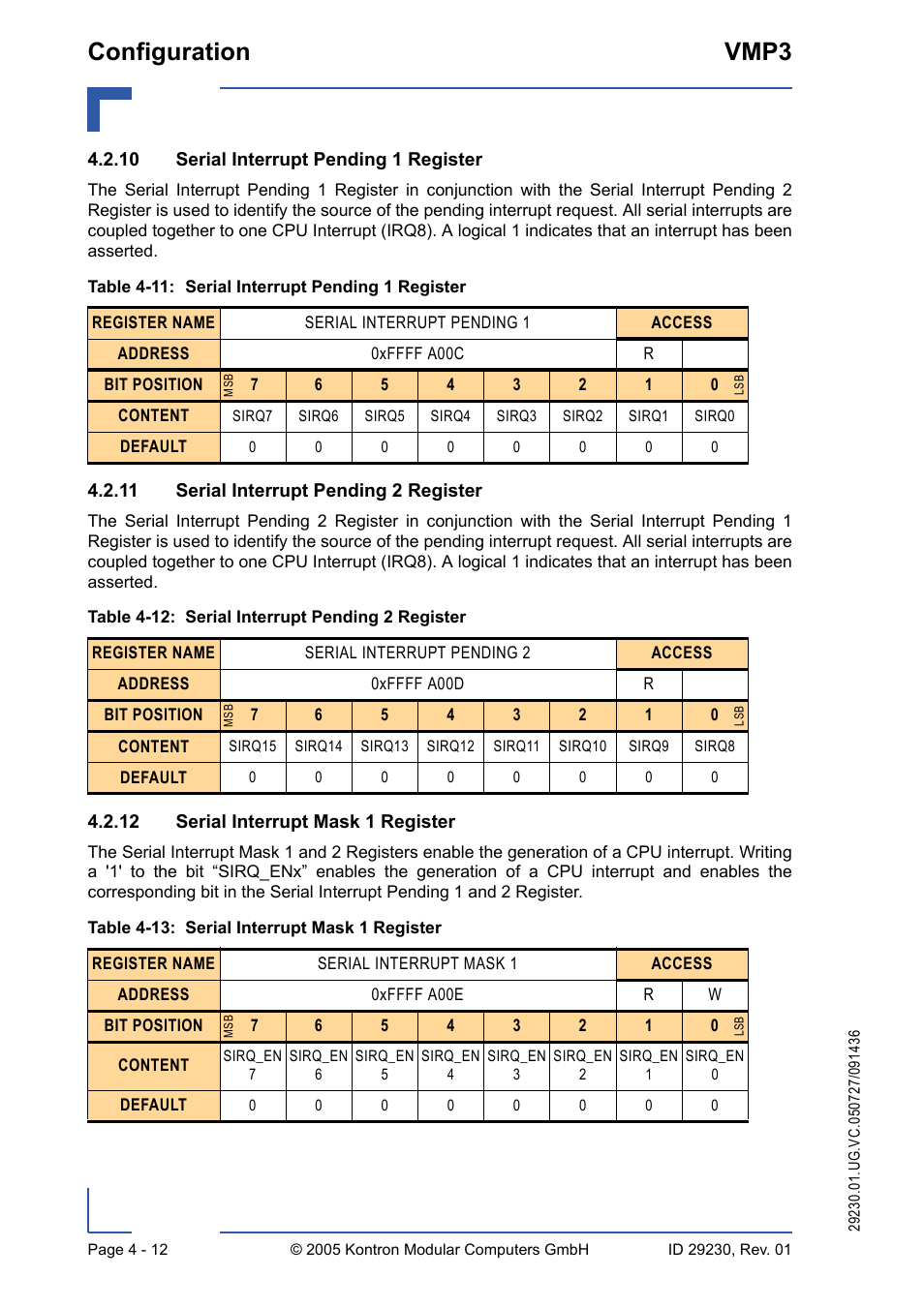 10 serial interrupt pending 1 register, 11 serial interrupt pending 2 register, 12 serial interrupt mask 1 register | Serial interrupt pending 1 register - 12, Configuration vmp3 | Kontron VMP3 User Manual | Page 72 / 154