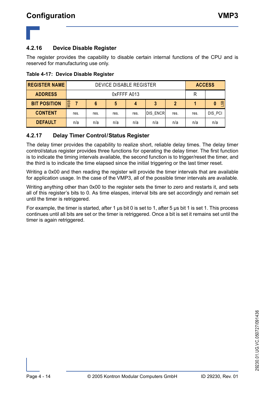 16 device disable register, 17 delay timer control/status register, 17 device disable register - 14 | Configuration vmp3 | Kontron VMP3 User Manual | Page 74 / 154