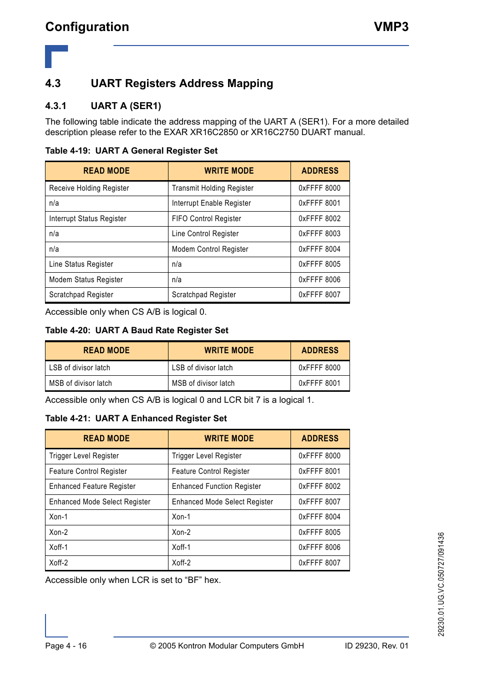 3 uart registers address mapping, 1 uart a (ser1), 3 uart registers address mapping - 16 | Uart a (ser1) - 16, Configuration vmp3 | Kontron VMP3 User Manual | Page 76 / 154