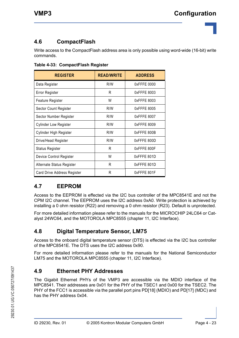 6 compactflash, 7 eeprom, 8 digital temperature sensor, lm75 | 9 ethernet phy addresses, 33 compactflash register - 23, Vmp3 configuration | Kontron VMP3 User Manual | Page 83 / 154