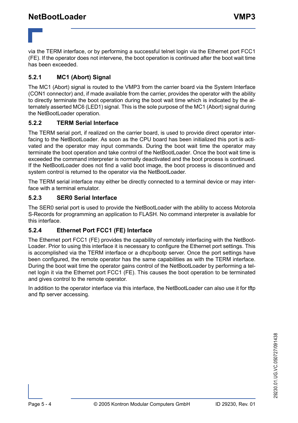 1 mc1 (abort) signal, 2 term serial interface, 3 ser0 serial interface | 4 ethernet port fcc1 (fe) interface, Mc1 (abort) signal - 4, Term serial interface - 4, Ser0 serial interface - 4, Ethernet port fcc1 (fe) interface - 4, Netbootloader vmp3 | Kontron VMP3 User Manual | Page 88 / 154