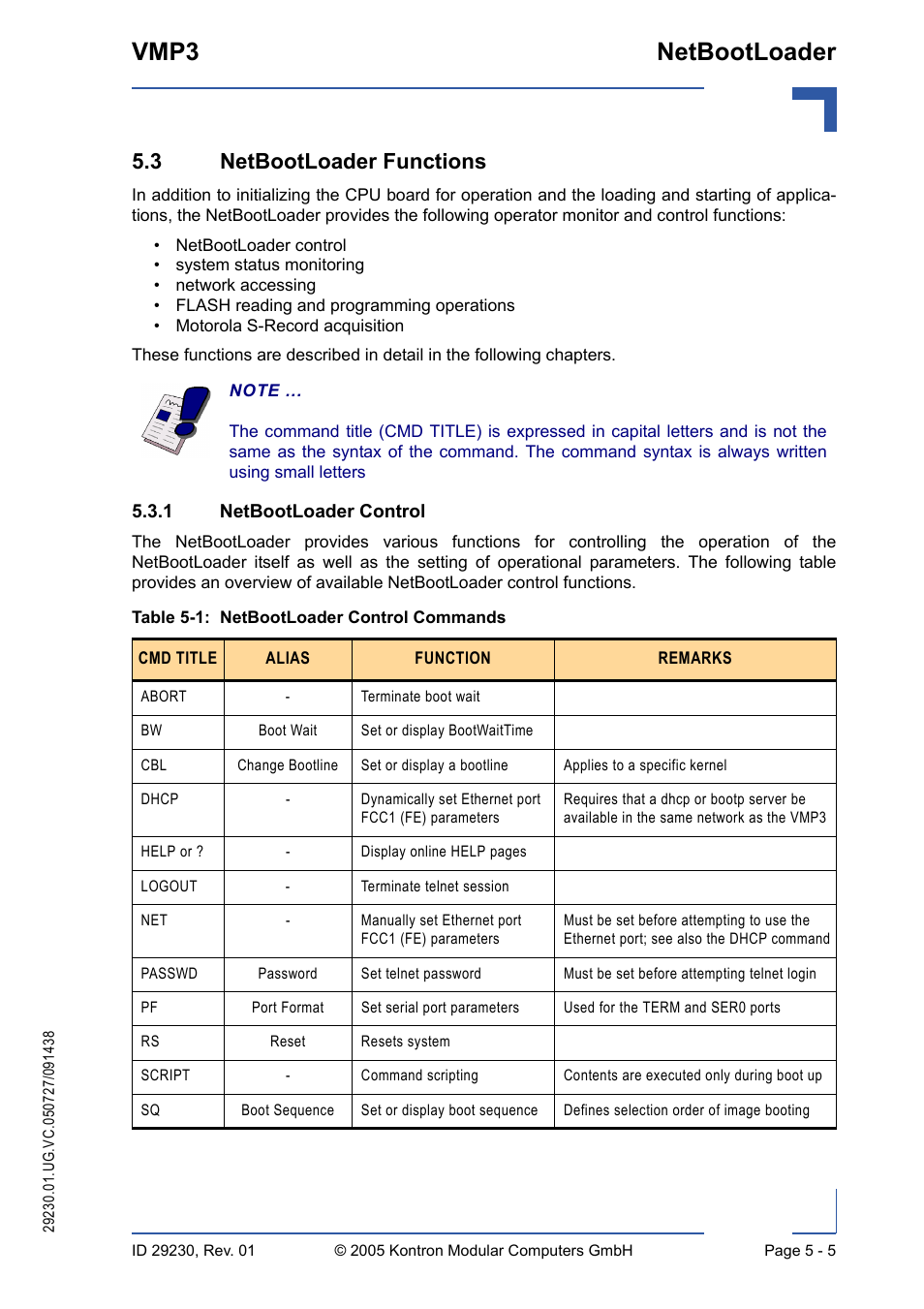 3 netbootloader functions, 1 netbootloader control, 3 netbootloader functions - 5 | Netbootloader control - 5, Netbootloader control commands - 5, Vmp3 netbootloader | Kontron VMP3 User Manual | Page 89 / 154