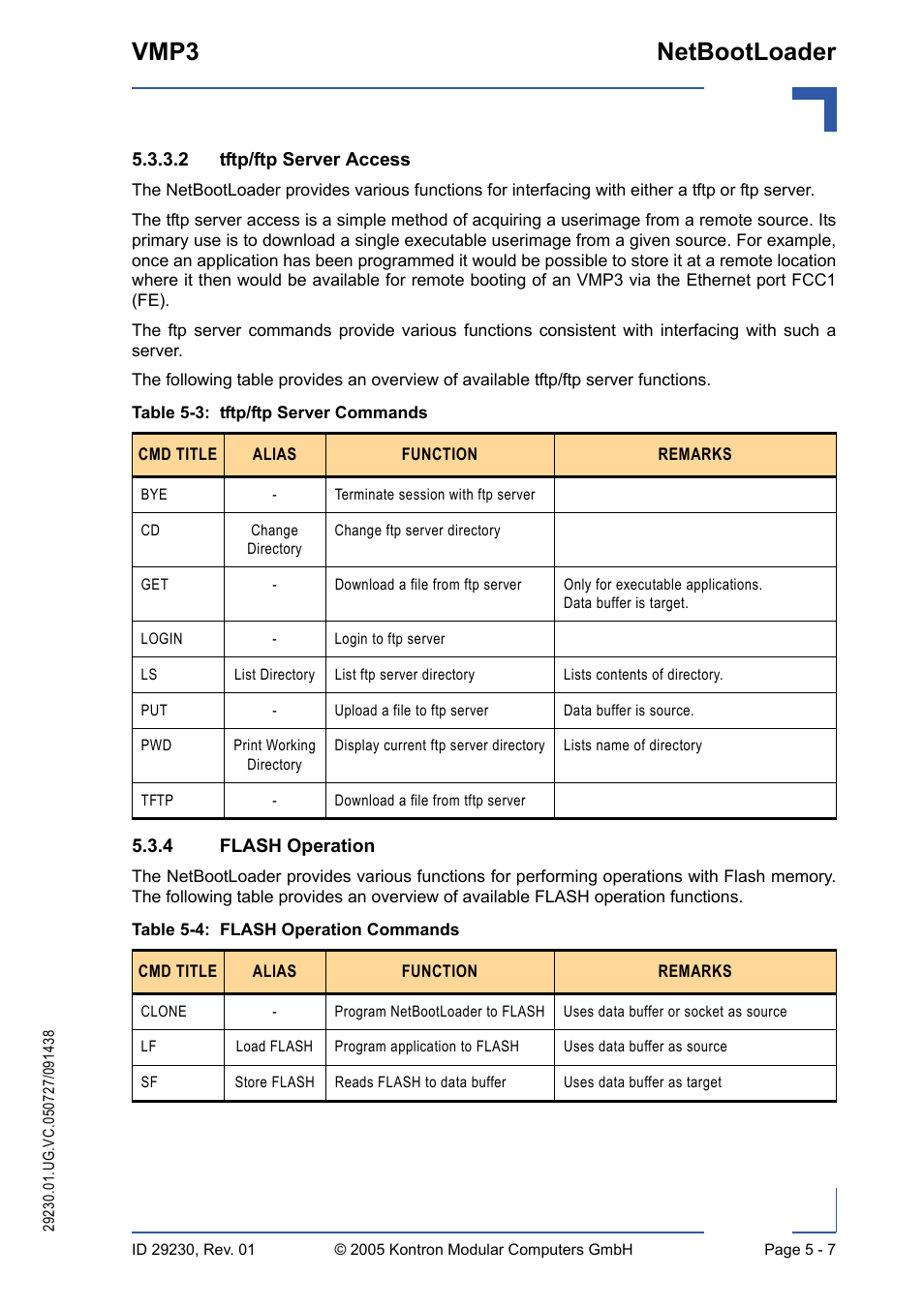 4 flash operation, Flash operation - 7, Tftp/ftp server commands - 7 | Flash operation commands - 7, Vmp3 netbootloader | Kontron VMP3 User Manual | Page 91 / 154