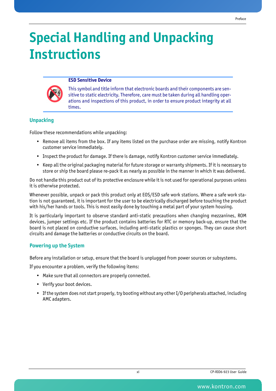 Special handling and unpacking instructions | Kontron CP-RIO6-923 User Manual | Page 11 / 32