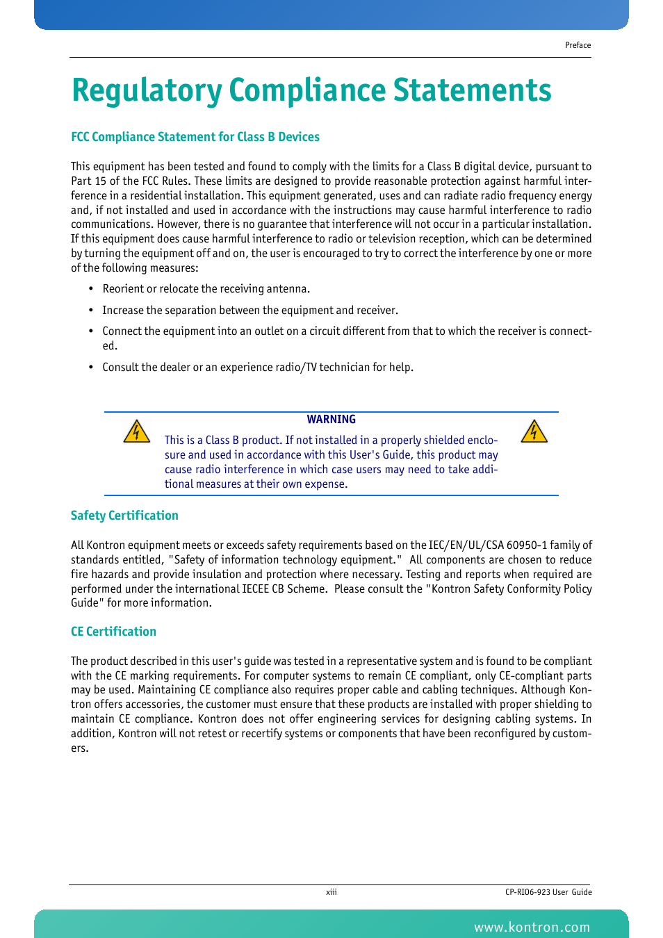 Regulatory compliance statements | Kontron CP-RIO6-923 User Manual | Page 13 / 32