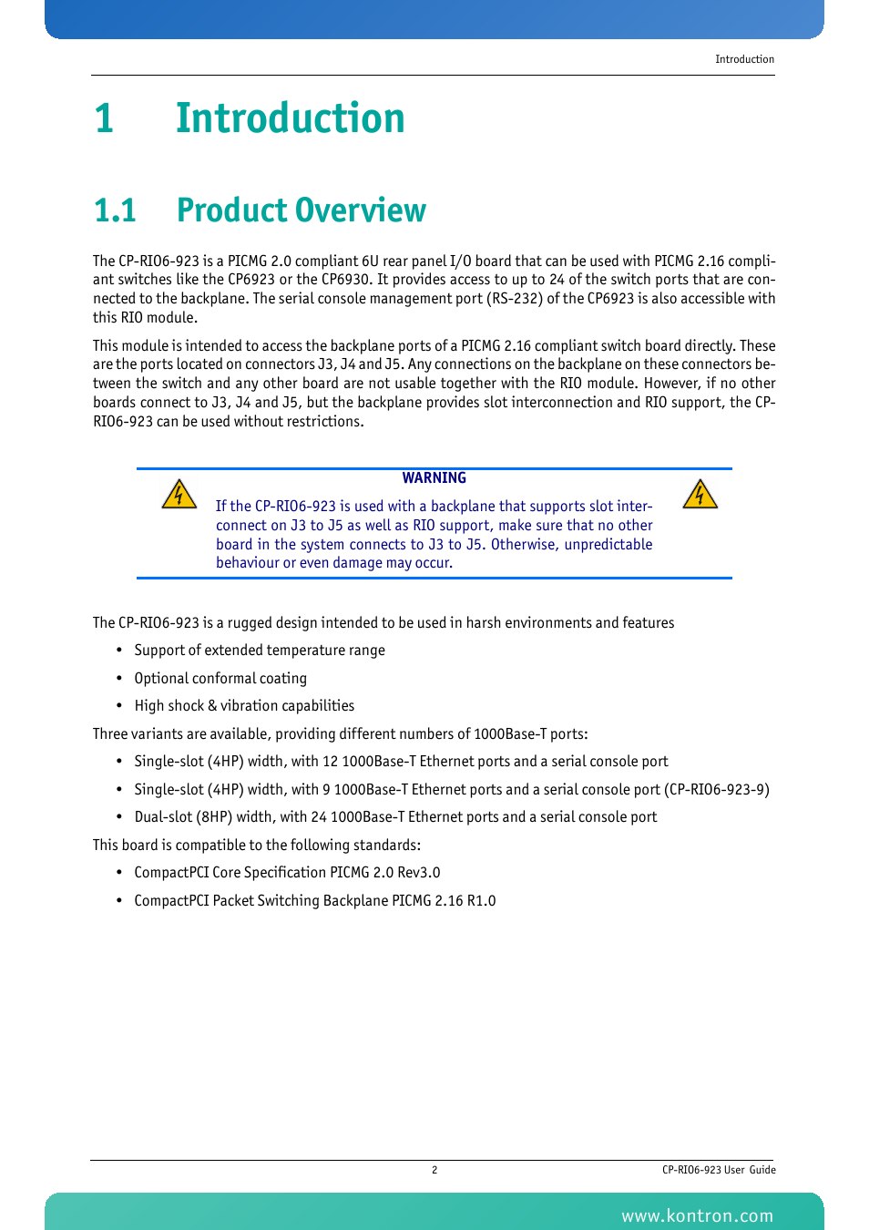 1 introduction, 1 product overview, Introduction | 1introduction | Kontron CP-RIO6-923 User Manual | Page 16 / 32