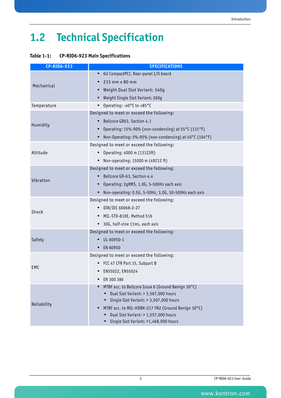 2 technical specification, Table 1-1: cp-rio6-923 main specifications | Kontron CP-RIO6-923 User Manual | Page 17 / 32