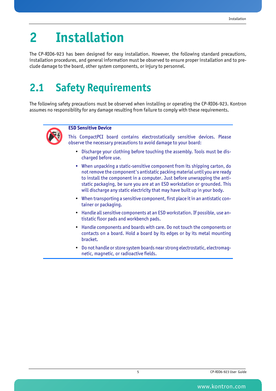 2 installation, 1 safety requirements, Installation | 2installation | Kontron CP-RIO6-923 User Manual | Page 19 / 32