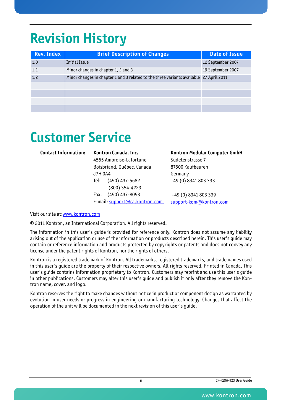 Revision history, Customer service, Revision history customer service | Kontron CP-RIO6-923 User Manual | Page 2 / 32