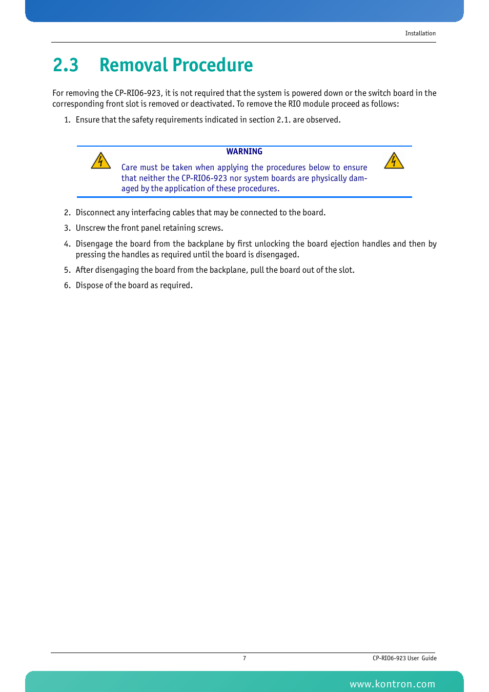 3 removal procedure | Kontron CP-RIO6-923 User Manual | Page 21 / 32