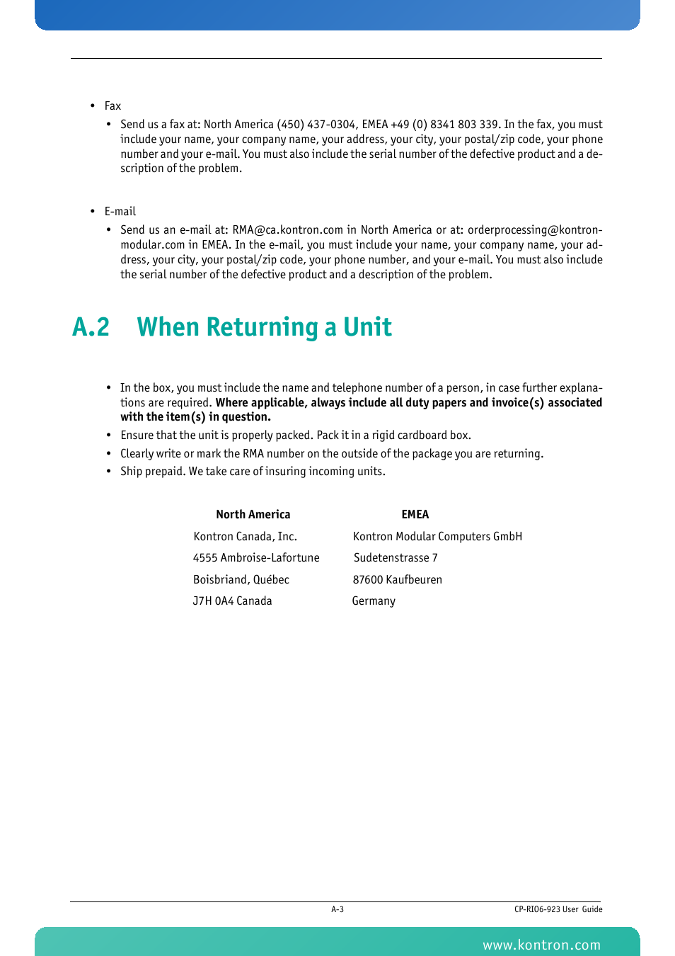 A.2 when returning a unit | Kontron CP-RIO6-923 User Manual | Page 32 / 32