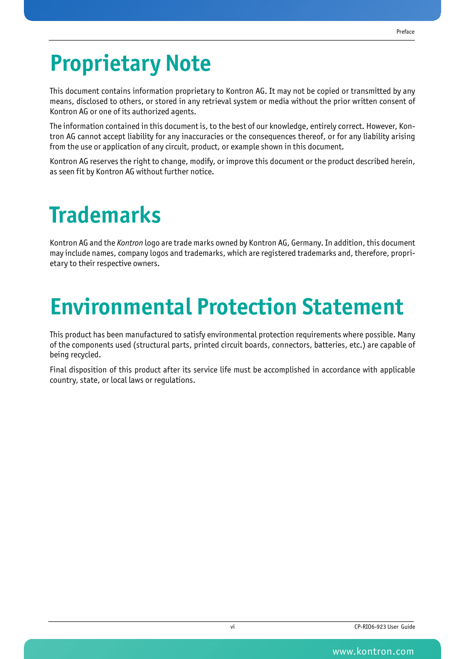 Proprietary note, Trademarks, Environmental protection statement | Kontron CP-RIO6-923 User Manual | Page 6 / 32