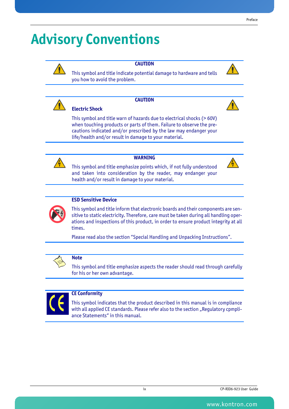 Advisory conventions | Kontron CP-RIO6-923 User Manual | Page 9 / 32