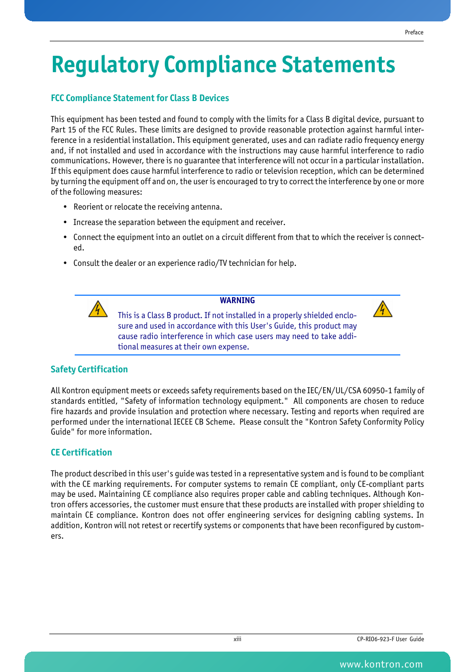 Regulatory compliance statements | Kontron CP-RIO6-923-F User Manual | Page 13 / 32