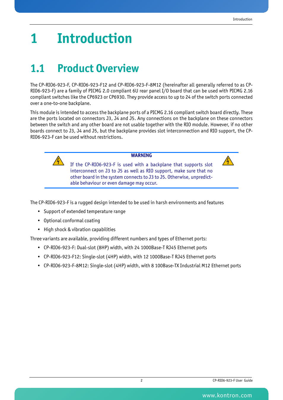1 introduction, 1 product overview, Introduction | 1introduction | Kontron CP-RIO6-923-F User Manual | Page 16 / 32