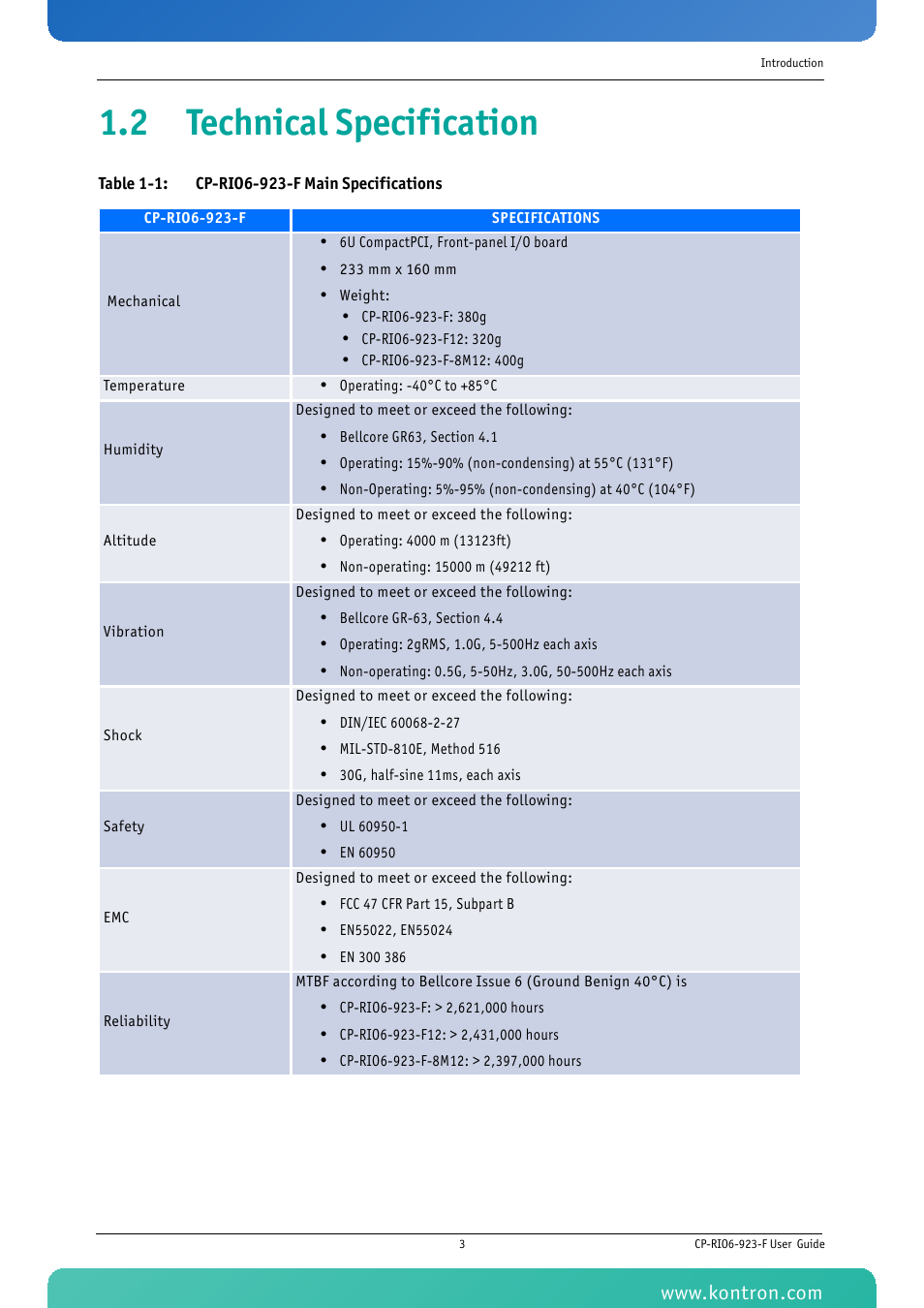 2 technical specification, Table 1-1 cp-rio6-923-f main specifications | Kontron CP-RIO6-923-F User Manual | Page 17 / 32