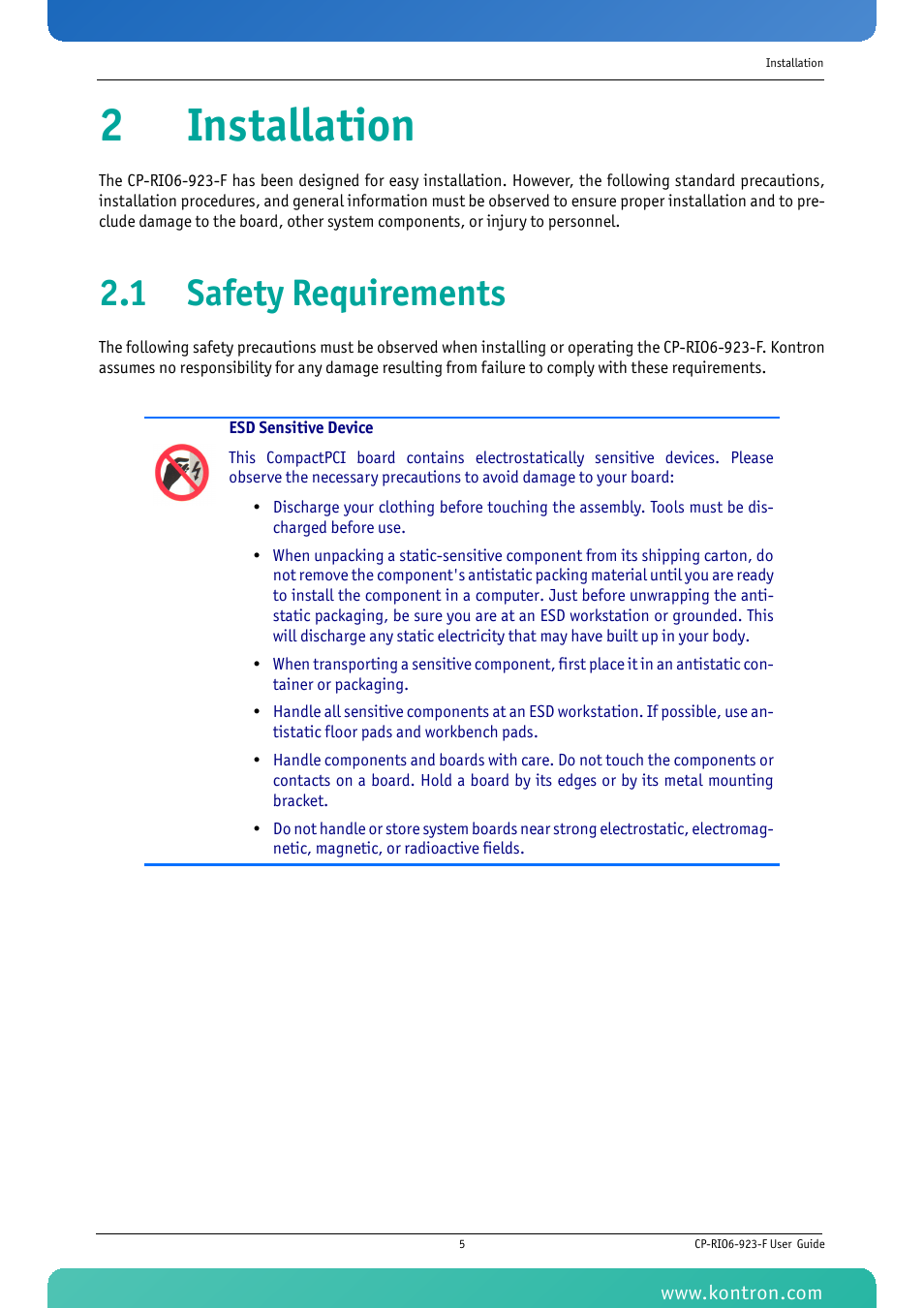 2 installation, 1 safety requirements, Installation | 2installation | Kontron CP-RIO6-923-F User Manual | Page 19 / 32