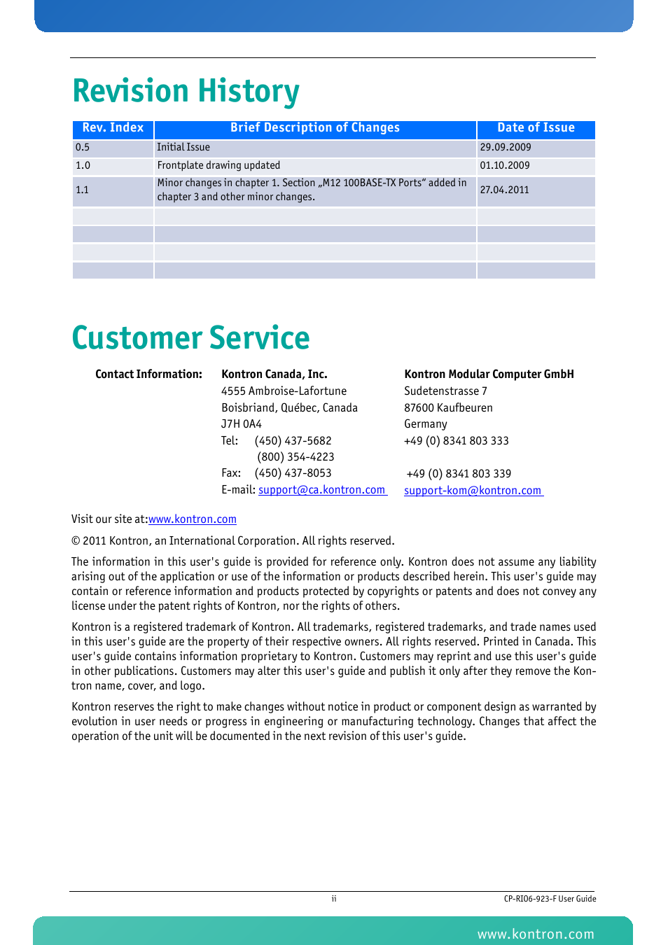 Revision history, Customer service, Revision history customer service | Kontron CP-RIO6-923-F User Manual | Page 2 / 32