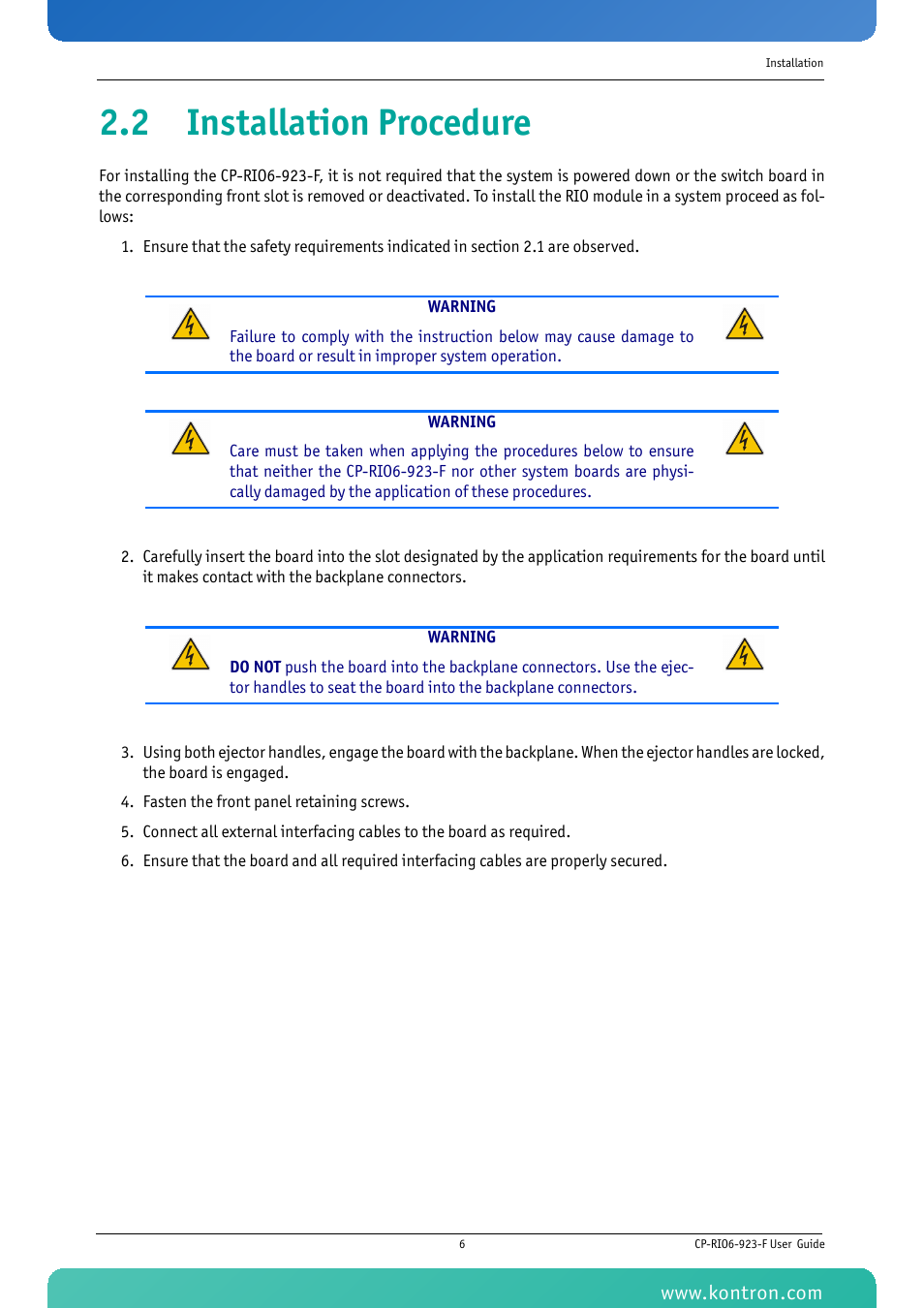2 installation procedure | Kontron CP-RIO6-923-F User Manual | Page 20 / 32