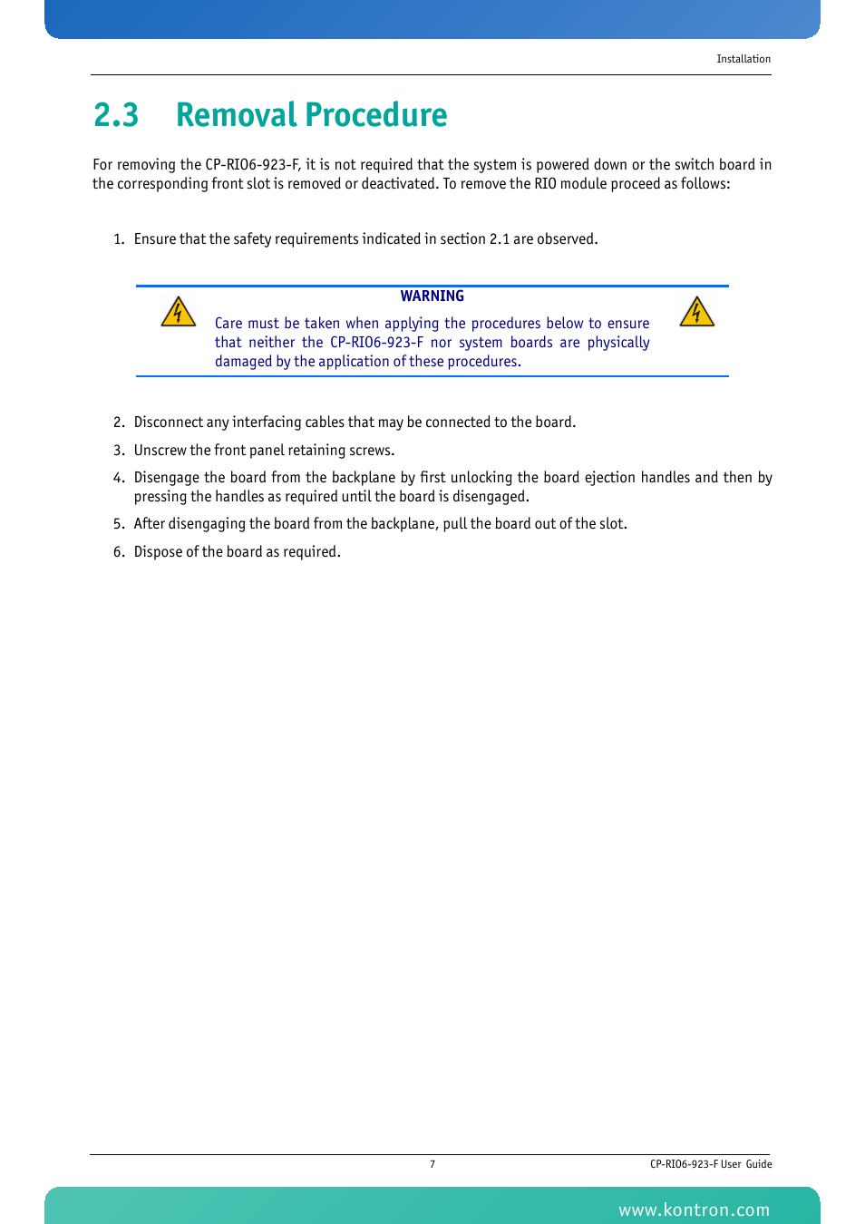 3 removal procedure | Kontron CP-RIO6-923-F User Manual | Page 21 / 32