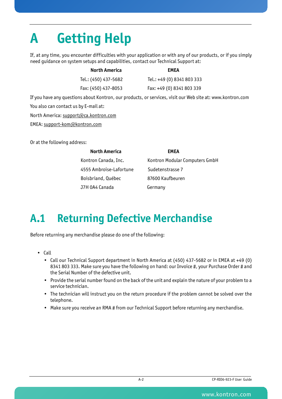 A getting help, A.1 returning defective merchandise, Agetting help | Kontron CP-RIO6-923-F User Manual | Page 31 / 32