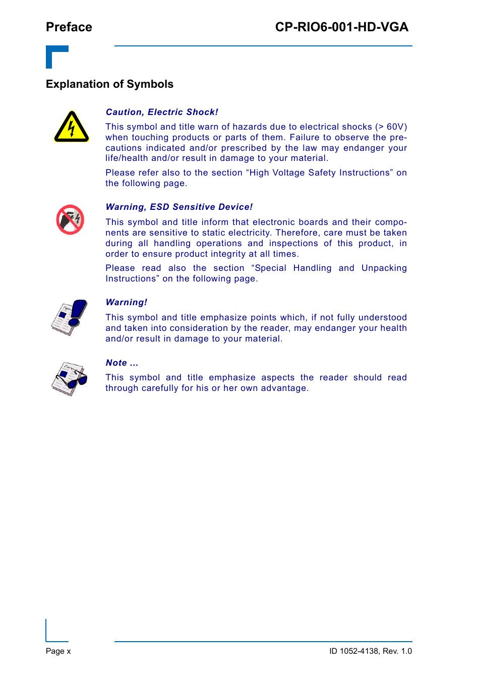 Explanation of symbols, Preface cp-rio6-001-hd-vga | Kontron CP-RIO6-001-HD-VGA User Manual | Page 10 / 46