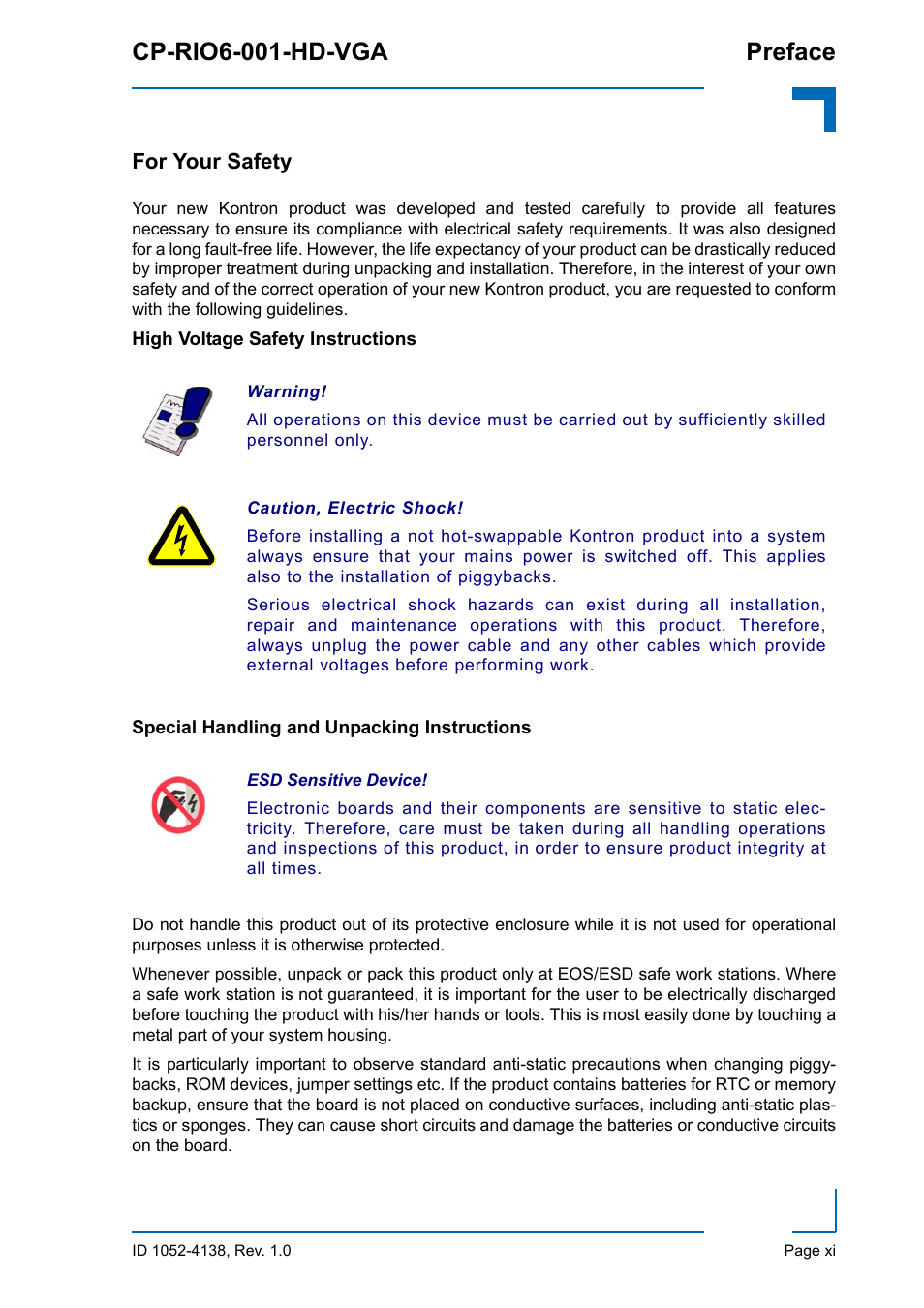 For your safety, High voltage safety instructions, Special handling and unpacking instructions | Cp-rio6-001-hd-vga preface | Kontron CP-RIO6-001-HD-VGA User Manual | Page 11 / 46