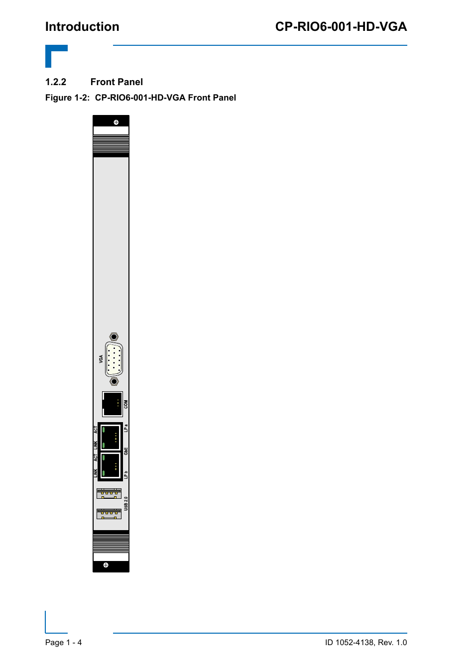 2 front panel, Front panel - 4, Introduction cp-rio6-001-hd-vga | Kontron CP-RIO6-001-HD-VGA User Manual | Page 18 / 46