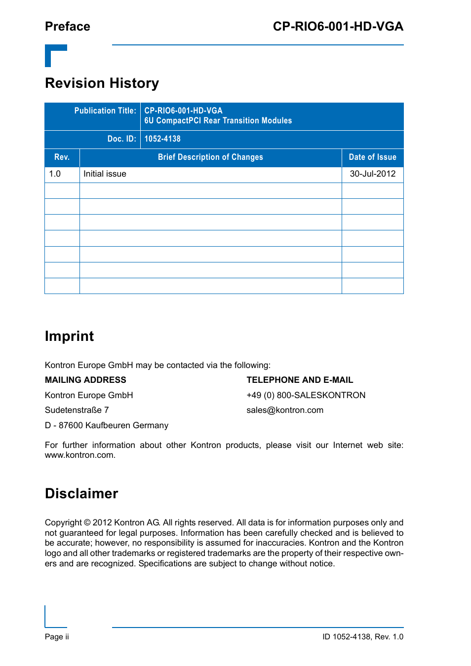 Revision history, Imprint, Disclaimer | Revision history imprint, Preface cp-rio6-001-hd-vga | Kontron CP-RIO6-001-HD-VGA User Manual | Page 2 / 46