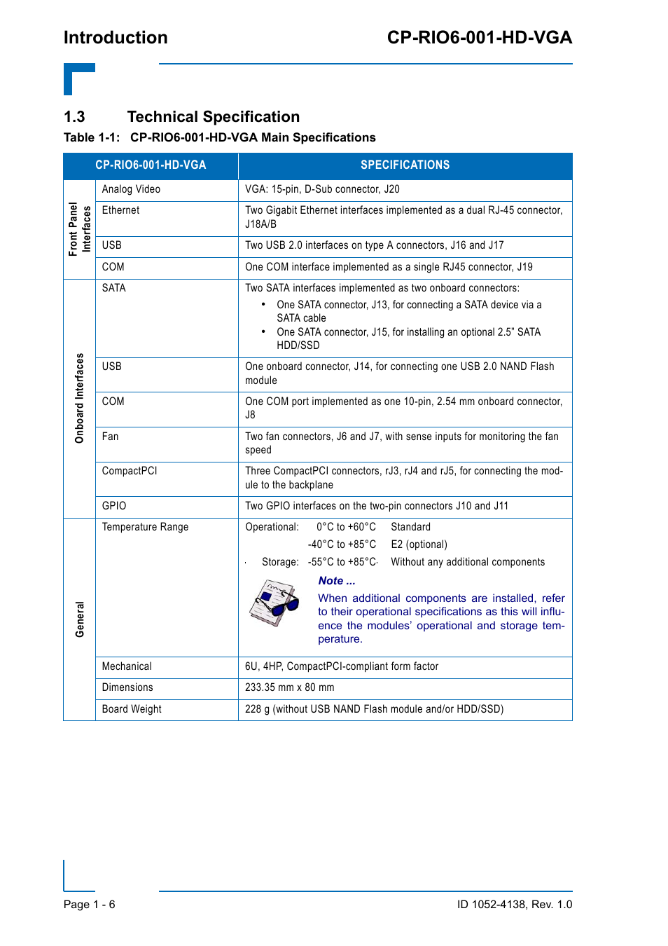 3 technical specification, 3 technical specification - 6, Introduction cp-rio6-001-hd-vga | Kontron CP-RIO6-001-HD-VGA User Manual | Page 20 / 46