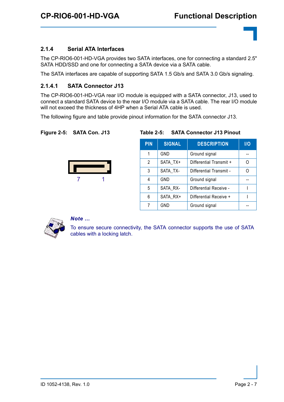 4 serial ata interfaces, Serial ata interfaces - 7, Sata connector j13 - 7 | Cp-rio6-001-hd-vga functional description | Kontron CP-RIO6-001-HD-VGA User Manual | Page 29 / 46