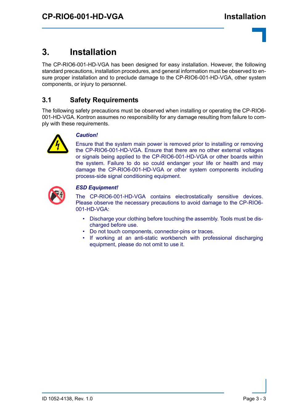 Installation, 1 safety requirements, Installation - 3 | 1 safety requirements - 3, Cp-rio6-001-hd-vga installation | Kontron CP-RIO6-001-HD-VGA User Manual | Page 41 / 46