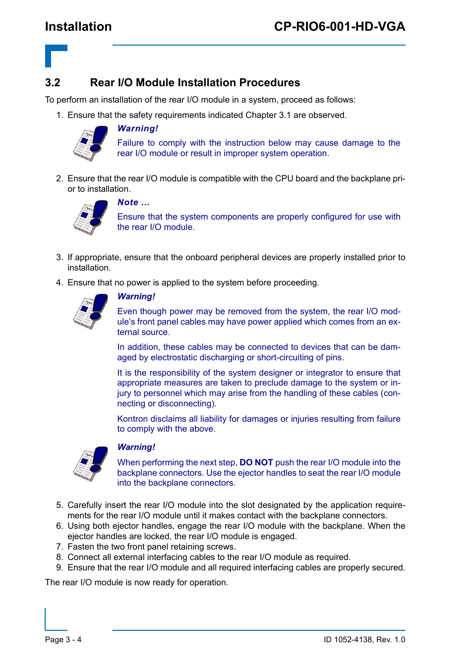 2 rear i/o module installation procedures, 2 rear i/o module installation procedures - 4, Installation cp-rio6-001-hd-vga | Kontron CP-RIO6-001-HD-VGA User Manual | Page 42 / 46