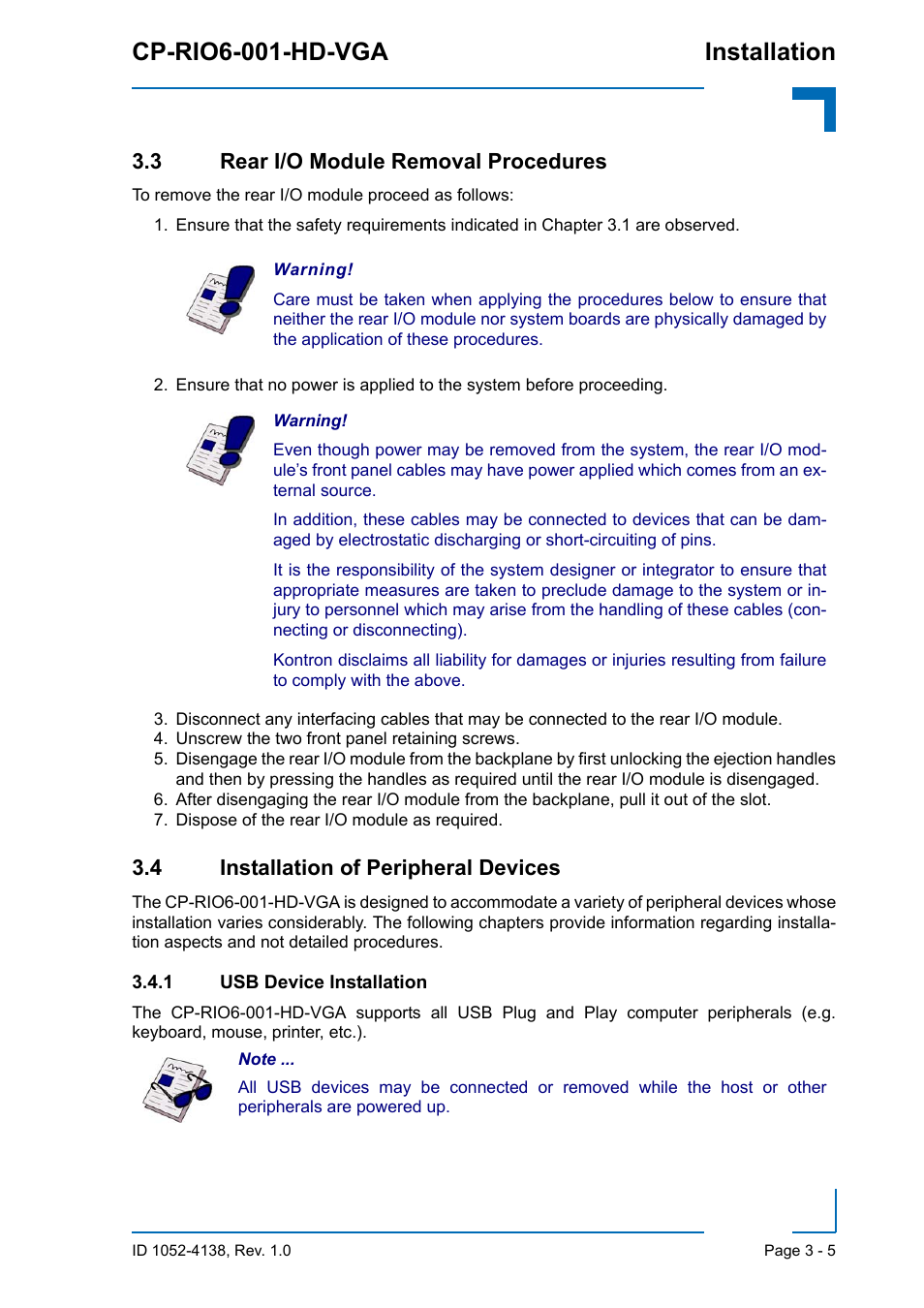 3 rear i/o module removal procedures, 4 installation of peripheral devices, 1 usb device installation | Usb device installation - 5, Cp-rio6-001-hd-vga installation | Kontron CP-RIO6-001-HD-VGA User Manual | Page 43 / 46