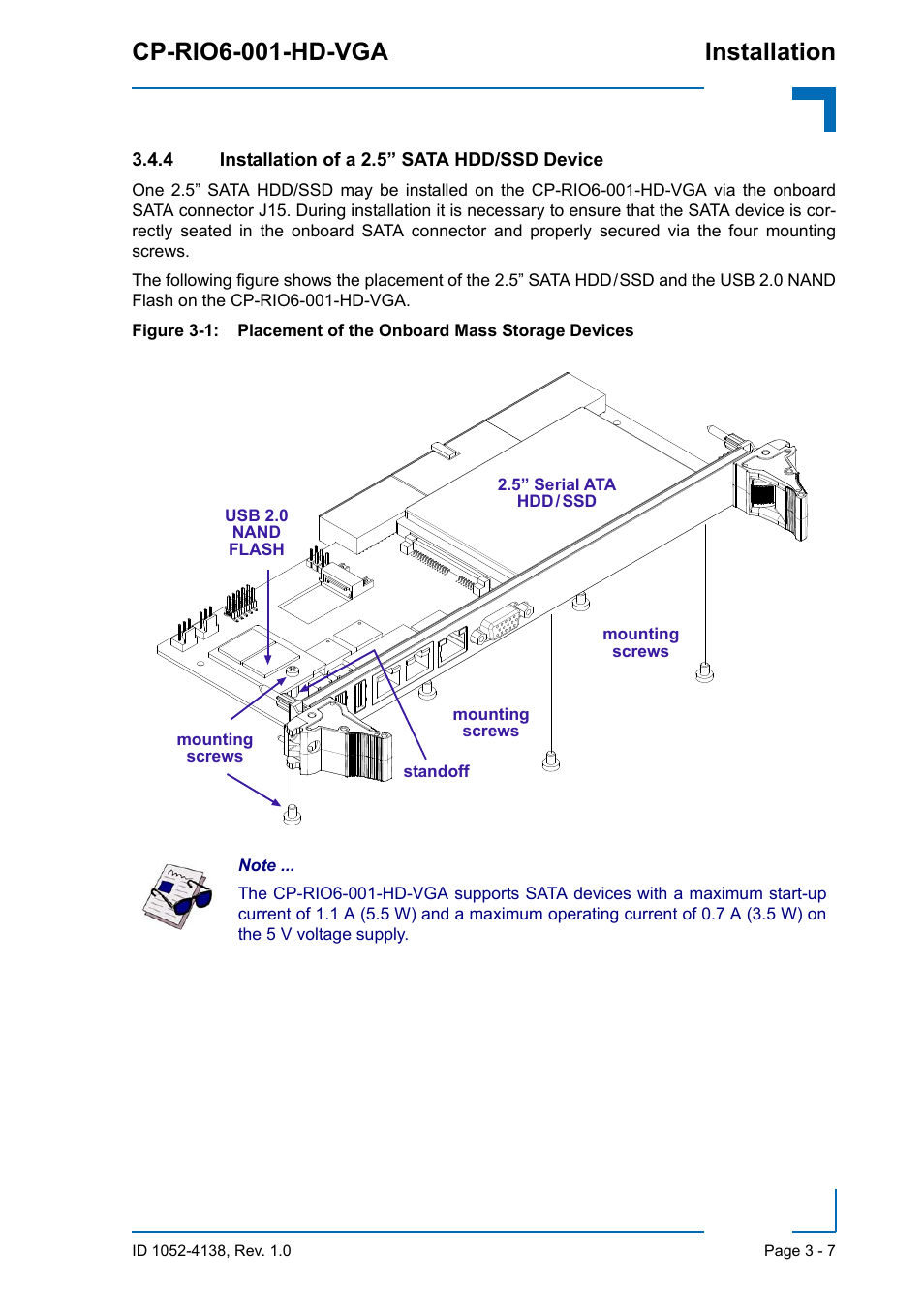 4 installation of a 2.5” sata hdd/ssd device, Installation of a 2.5” sata hdd/ssd device - 7, Cp-rio6-001-hd-vga installation | Kontron CP-RIO6-001-HD-VGA User Manual | Page 45 / 46