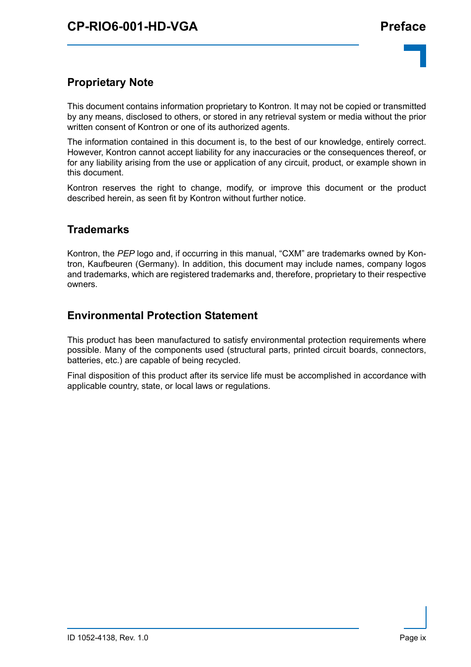 Proprietary note, Trademarks, Environmental protection statement | Cp-rio6-001-hd-vga preface | Kontron CP-RIO6-001-HD-VGA User Manual | Page 9 / 46