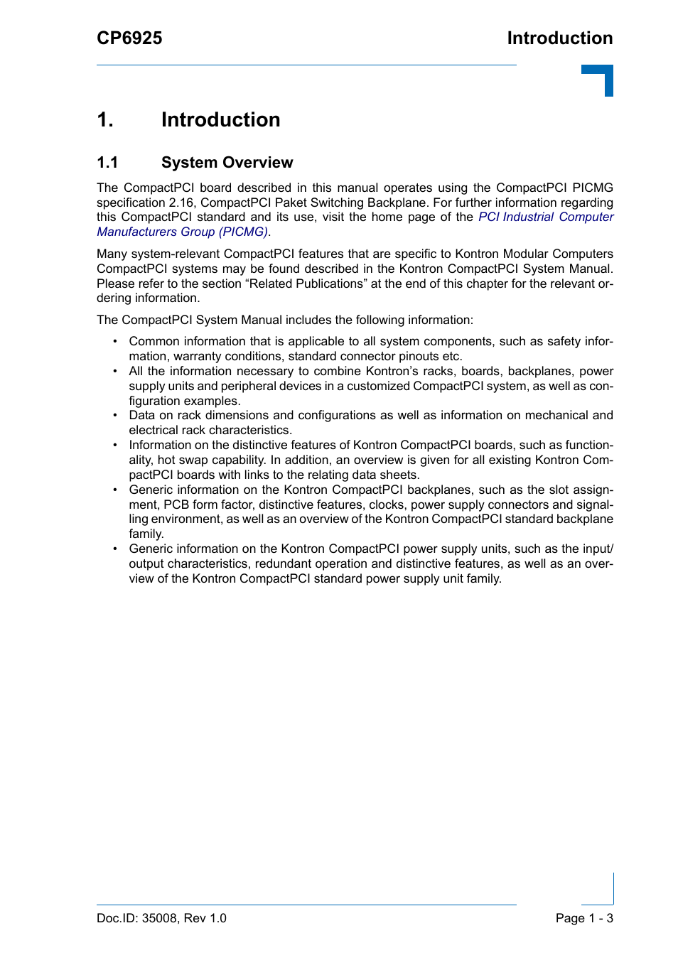 Introduction, 1 system overview, Introduction - 3 | 1 system overview - 3, Cp6925 introduction | Kontron CP6925 User Manual | Page 17 / 42