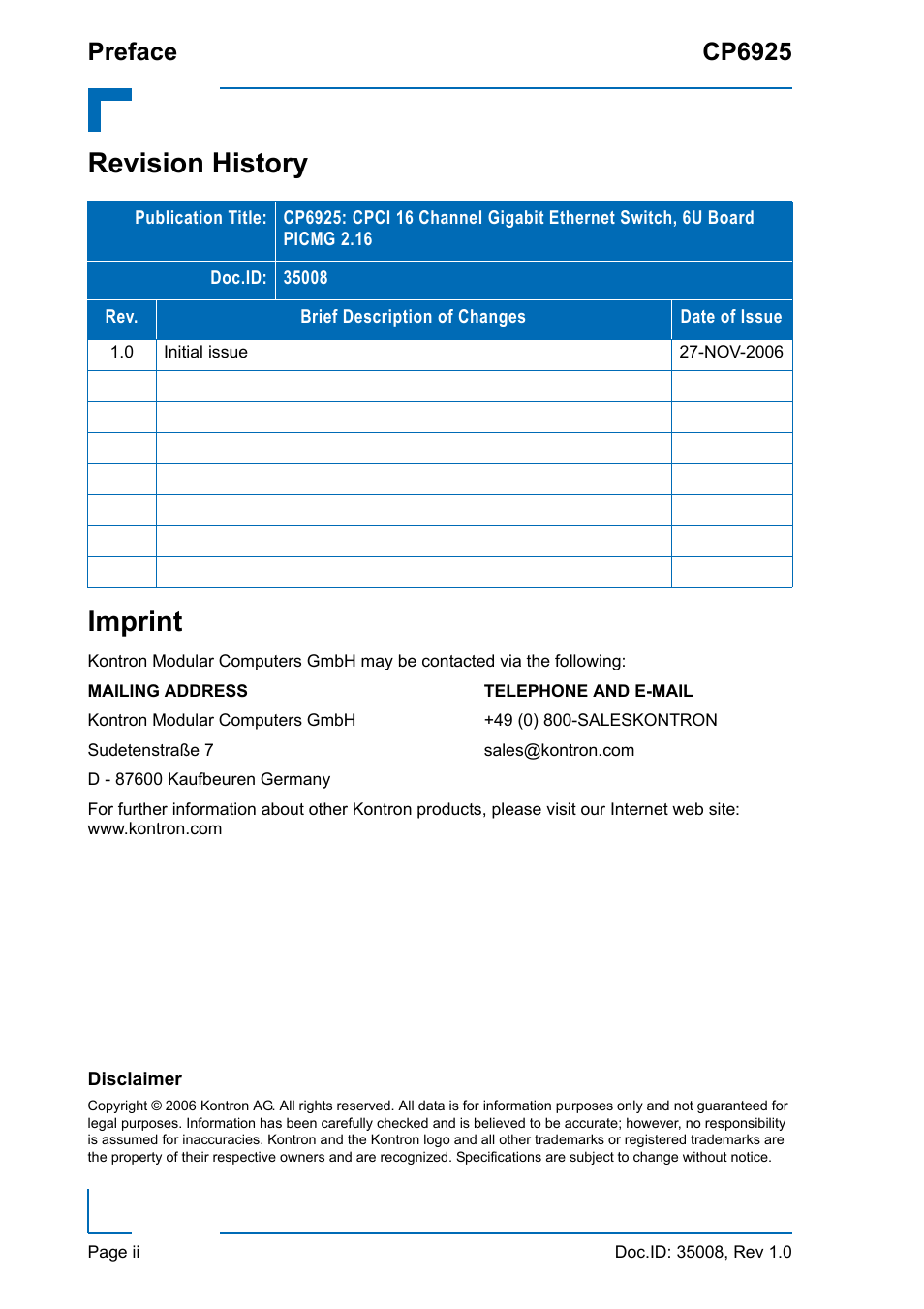 Revision history, Imprint, Disclaimer | Revision history imprint, Preface cp6925 | Kontron CP6925 User Manual | Page 2 / 42