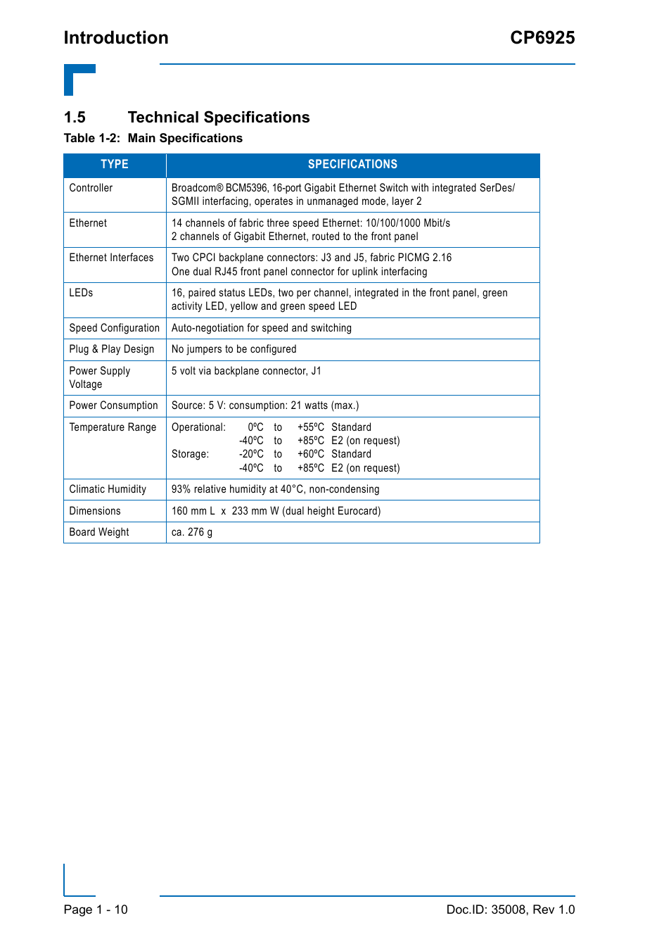 5 technical specifications, 5 technical specifications - 10, Main specifications - 10 | Introduction cp6925 | Kontron CP6925 User Manual | Page 24 / 42