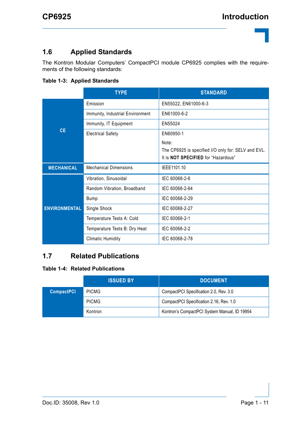 6 applied standards, 7 related publications, Applied standards - 11 | Related publications - 11, Cp6925 introduction | Kontron CP6925 User Manual | Page 25 / 42