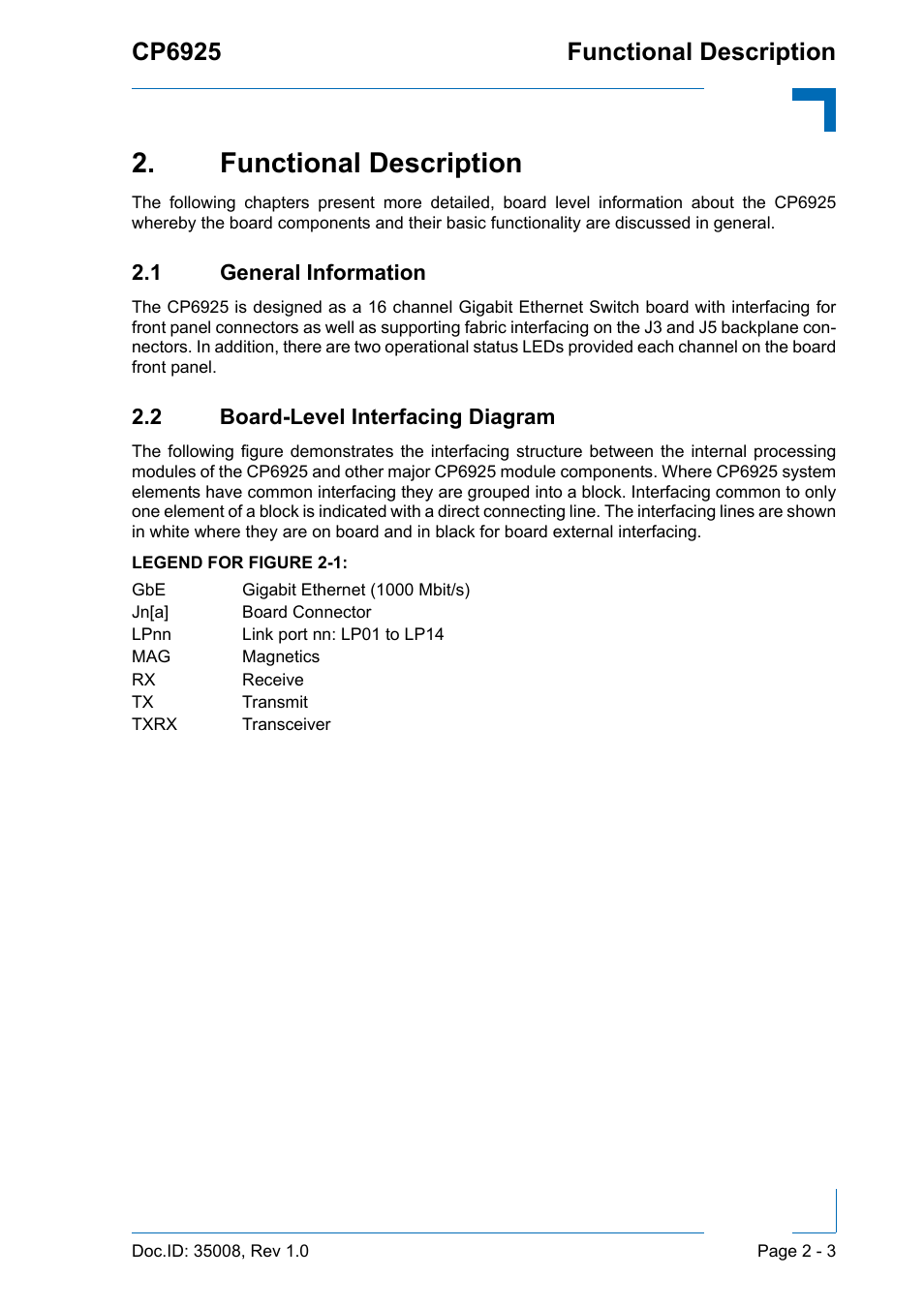 Functional description, 1 general information, 2 board-level interfacing diagram | Functional description - 3, Cp6925 functional description | Kontron CP6925 User Manual | Page 29 / 42