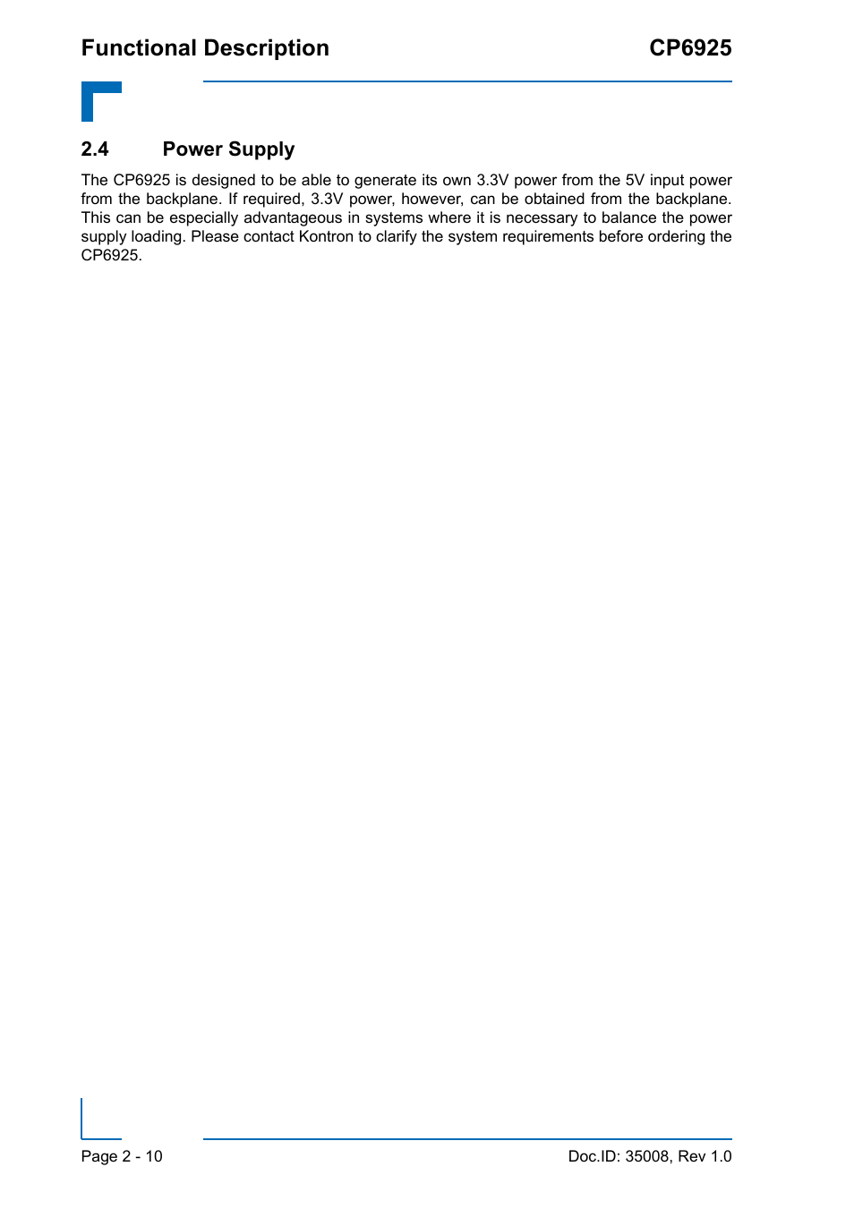 4 power supply, 4 power supply - 10 | Kontron CP6925 User Manual | Page 36 / 42