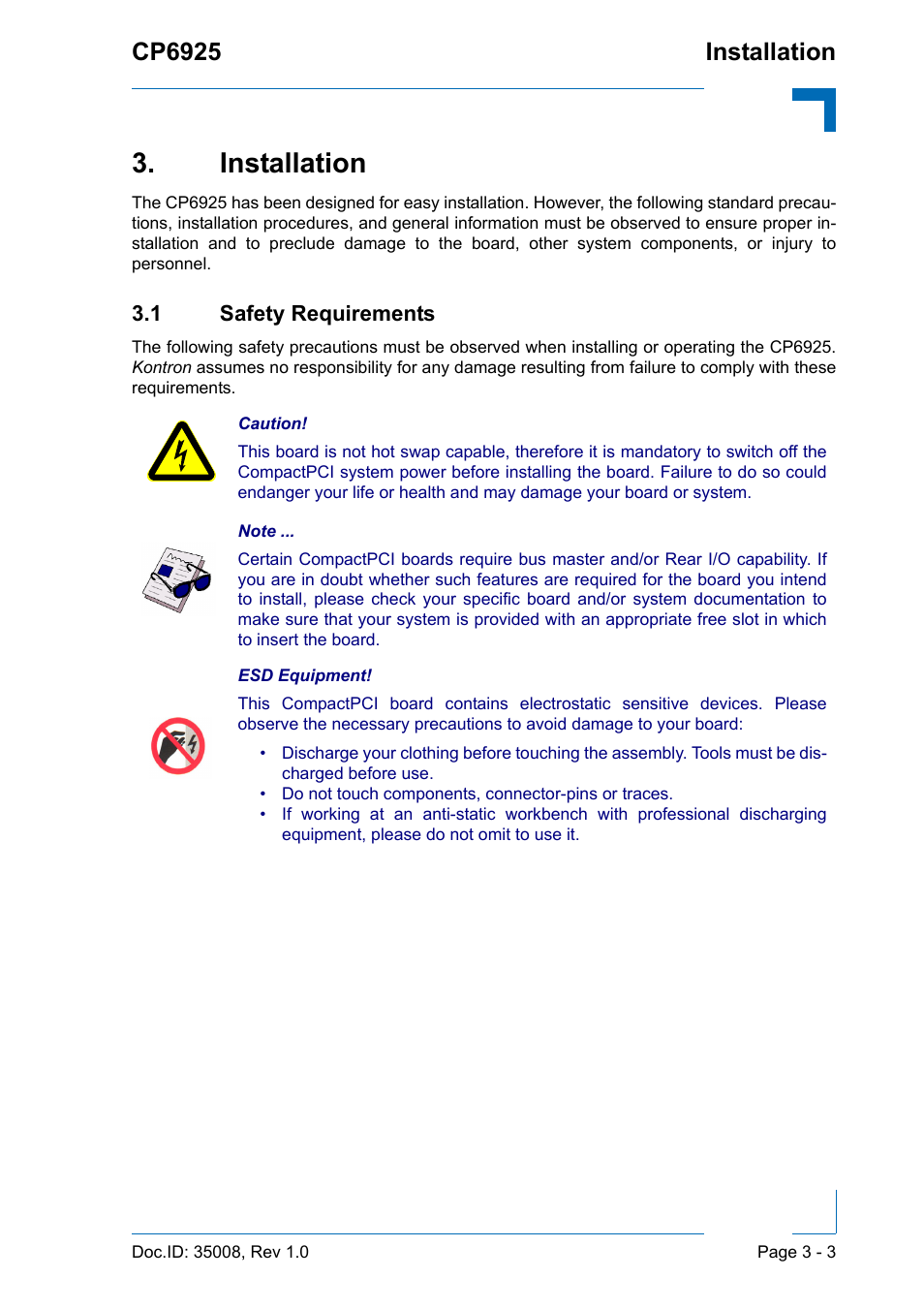 Installation, 1 safety requirements, Installation - 3 | 1 safety requirements - 3, Cp6925 installation | Kontron CP6925 User Manual | Page 39 / 42