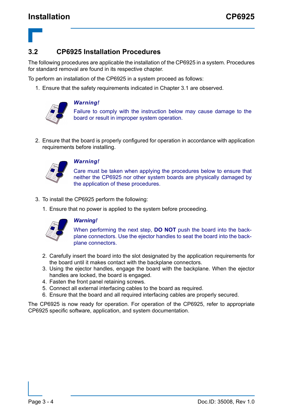 2 cp6925 installation procedures, 2 cp6925 installation procedures - 4, Installation cp6925 | Kontron CP6925 User Manual | Page 40 / 42