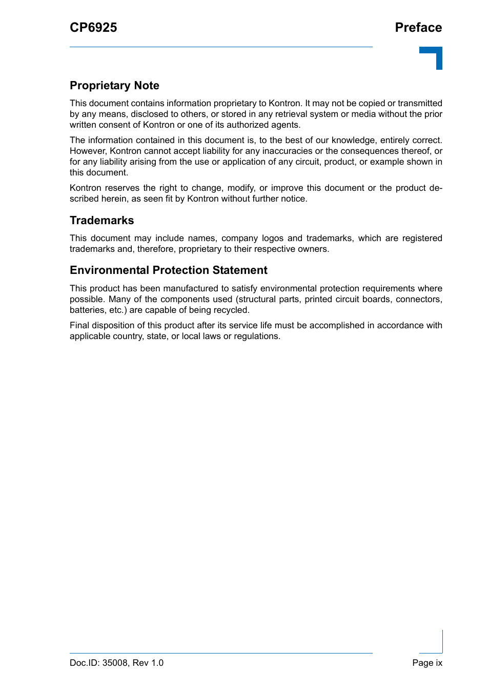 Proprietary note, Trademarks, Environmental protection statement | Cp6925 preface | Kontron CP6925 User Manual | Page 9 / 42