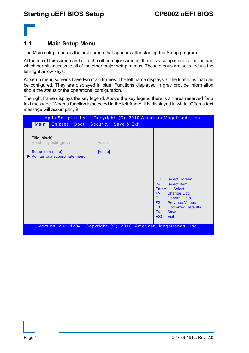 1 main setup menu, Starting uefi bios setup cp6002 uefi bios | Kontron CP6002 uEFI BIOS User Manual | Page 10 / 76
