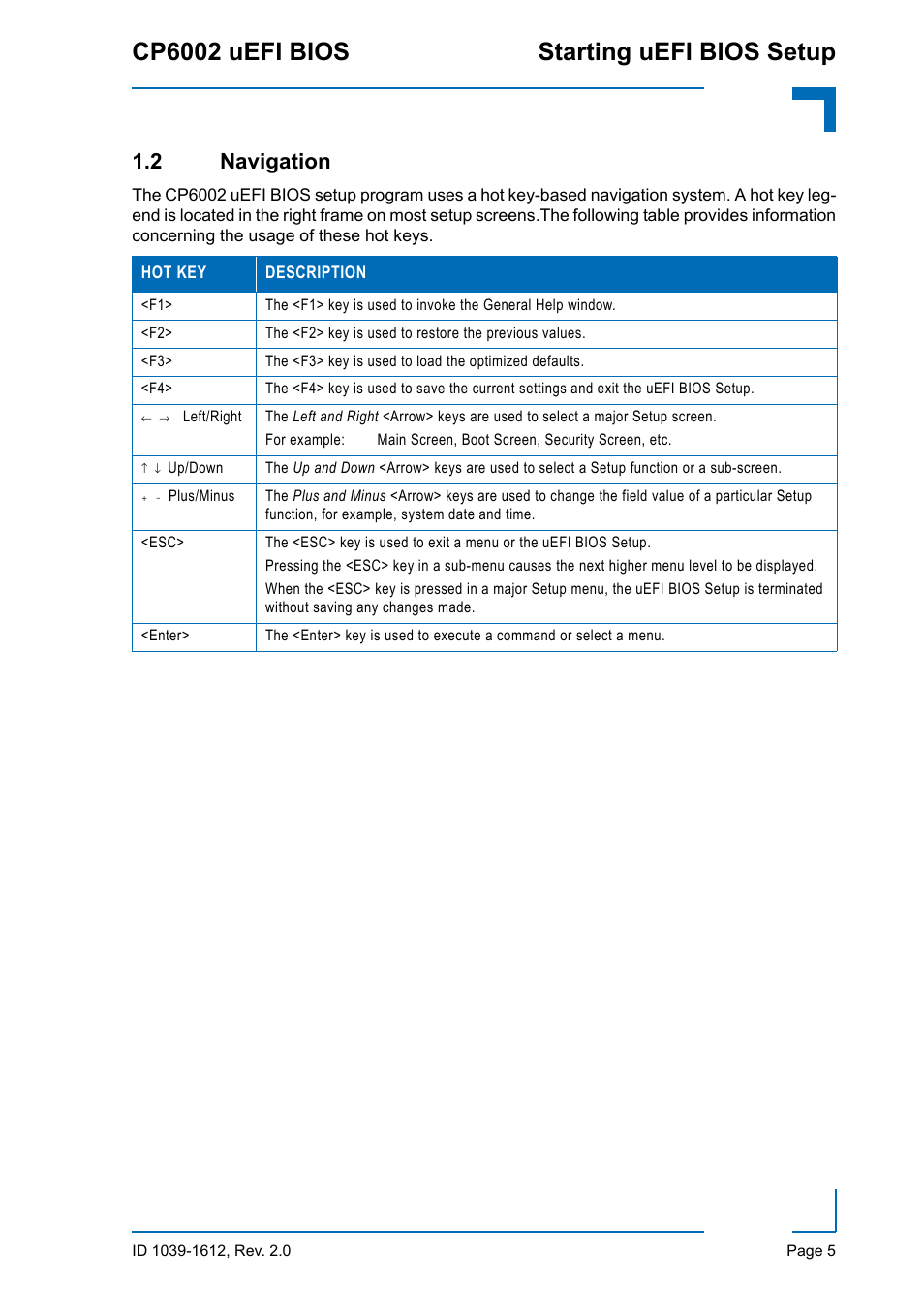 2 navigation, Cp6002 uefi bios starting uefi bios setup | Kontron CP6002 uEFI BIOS User Manual | Page 11 / 76