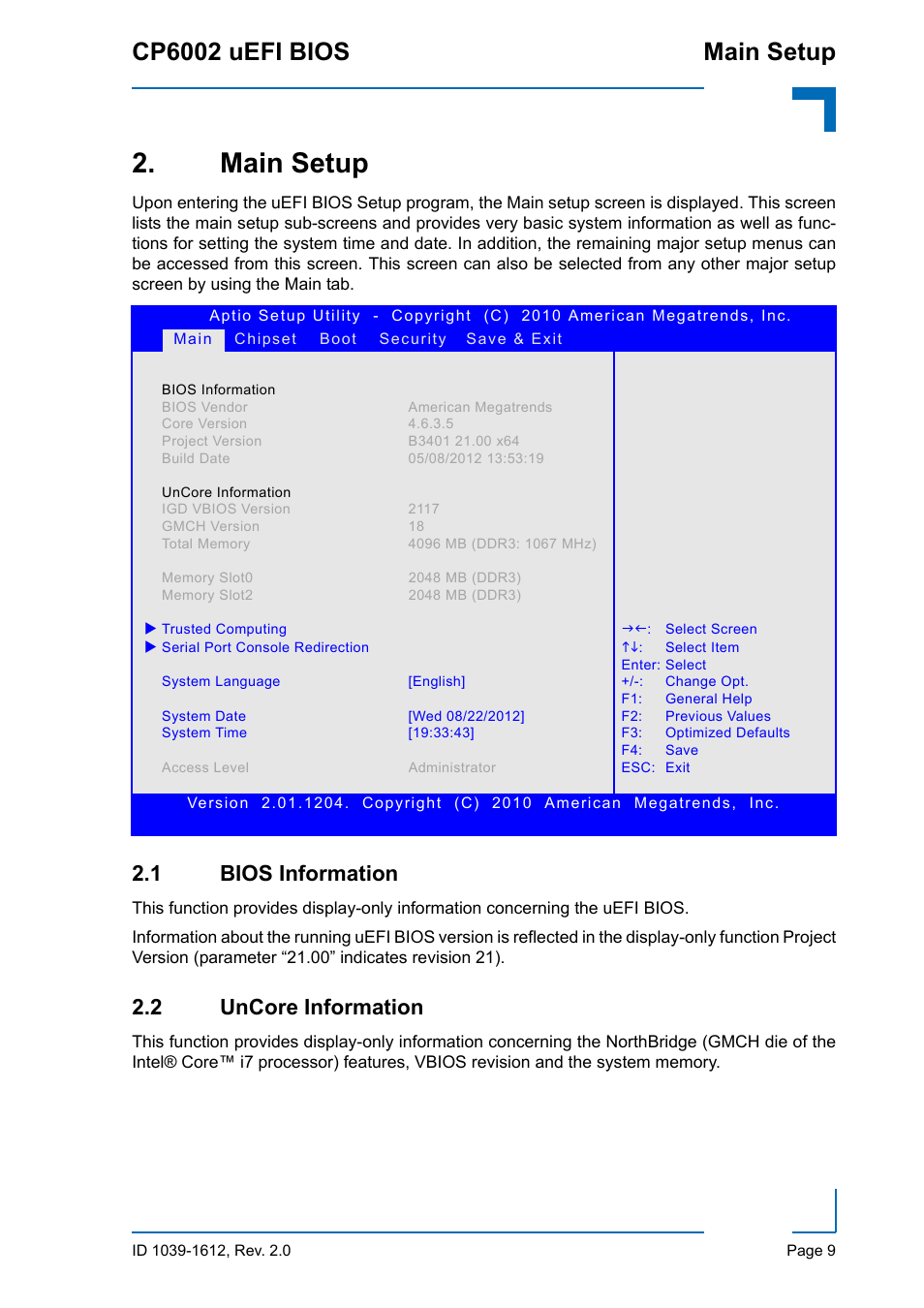 Main setup, 1 bios information, 2 uncore information | 1 bios information 2.2 uncore information, Cp6002 uefi bios main setup | Kontron CP6002 uEFI BIOS User Manual | Page 15 / 76