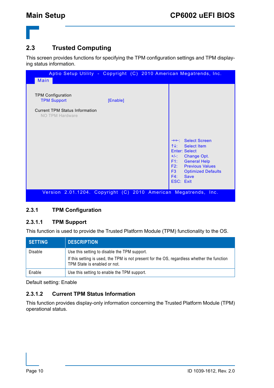 3 trusted computing, 1 tpm configuration, Tpm configuration | Tpm support, Current tpm status information, Main setup cp6002 uefi bios | Kontron CP6002 uEFI BIOS User Manual | Page 16 / 76